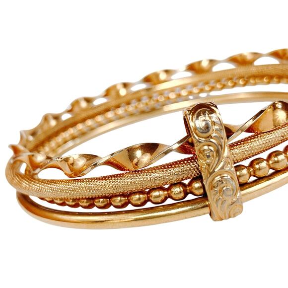 VTG 1980s Bangle Gold Tone Fixed Triple Bracelet Textured Layered Design - Picture 1 of 11
